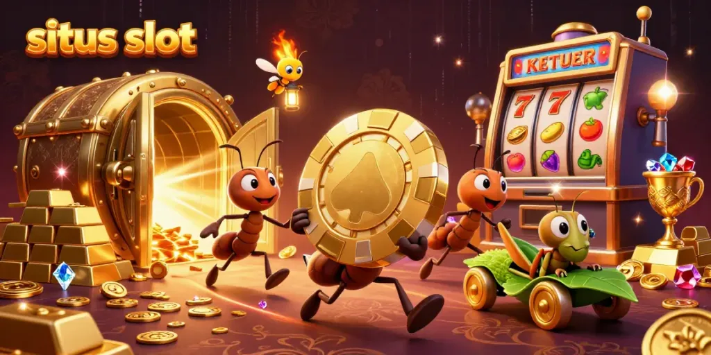 Situs slot themed illustration of ants carrying a giant poker chip with colorful slot elements.