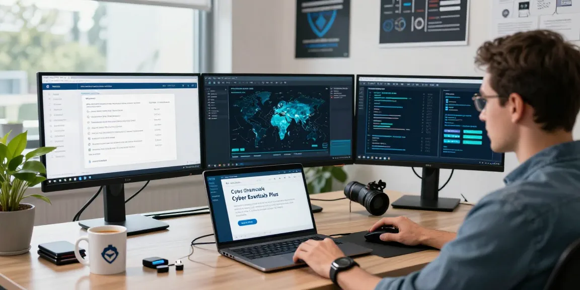 IT security specialist managing Cyber Essentials Plus certification in a modern office.