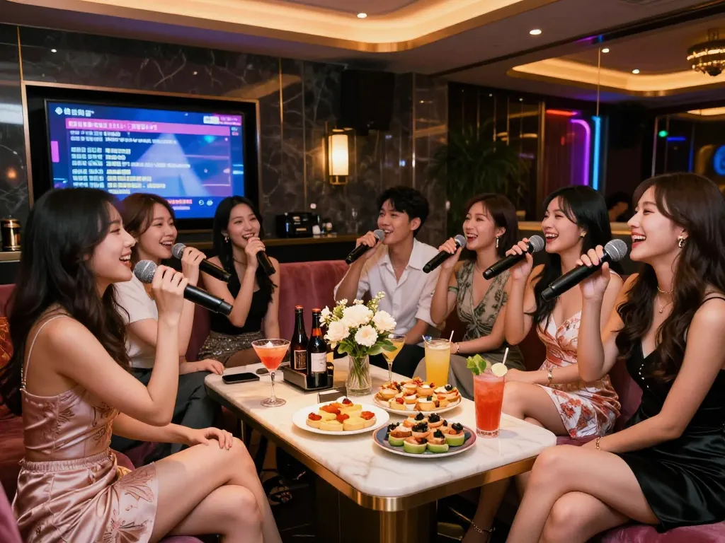 Engaging nightlife at gangnamtune.com karaoke with friends enjoying drinks and singing in luxurious surroundings.