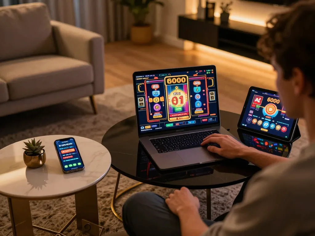 Playing slot6000 on a laptop in a luxurious home setup for engaging online gaming experience