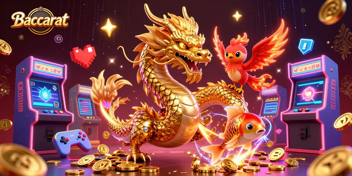 Baccarat game illustration showcasing a dynamic scene with a golden dragon, phoenix, and koi fish.
