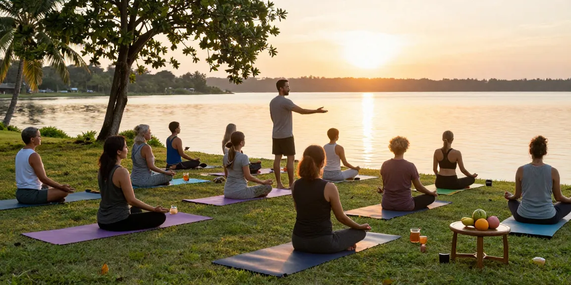 Engaging yoga teacher training in Sri Lanka with students practicing meditation by Koggala Lake.