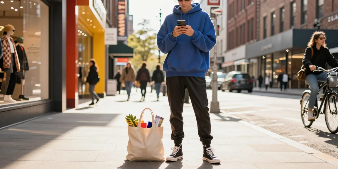 Vibrant urban fashion scene with a person checking the Acbuy spreadsheet on their smartphone while shopping.
