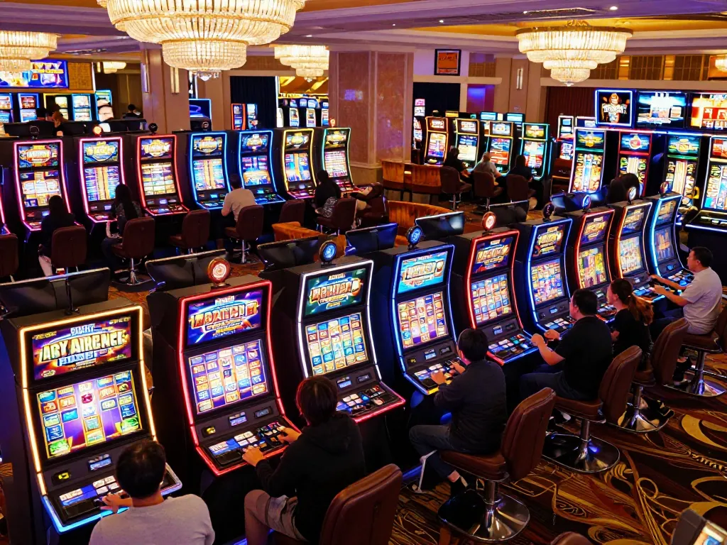 Engaged players celebrating wins at vibrant situs slot machines in a lively casino atmosphere