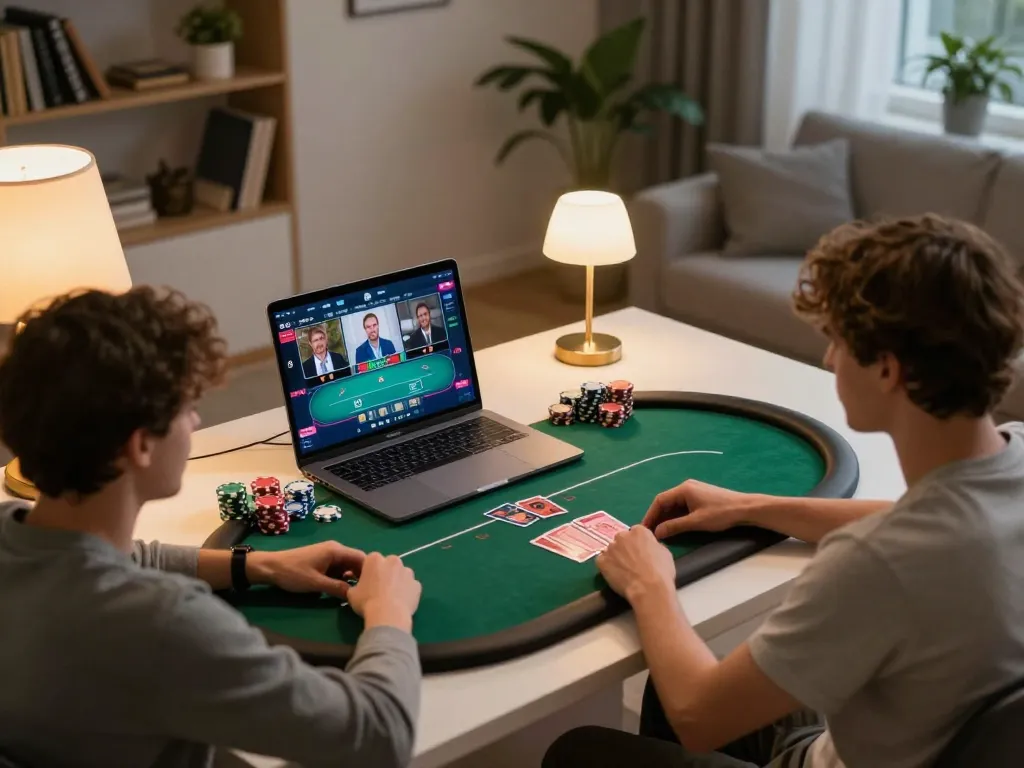 Players enjoying online poker at home with tv88, featuring chips and a vibrant game interface.