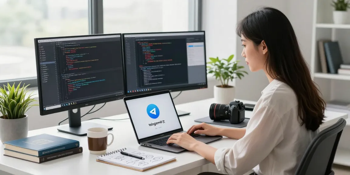 Engaged developer using Telegram中文 on dual monitors in a modern workspace