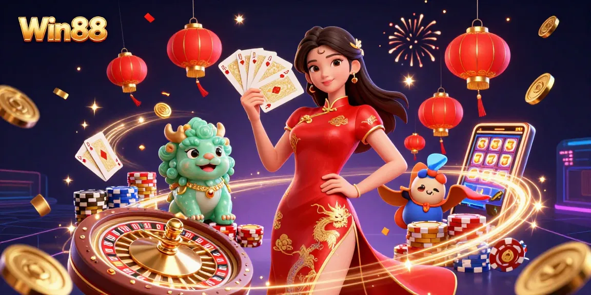 Win88 introduces players to a vibrant casino scene with shimmering coins and colorful chips, evoking excitement.