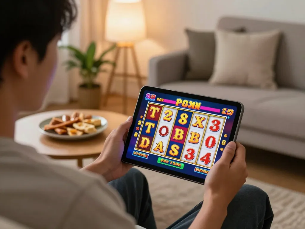 Engaging slot jepang gameplay experience on a tablet in a cozy home setting.