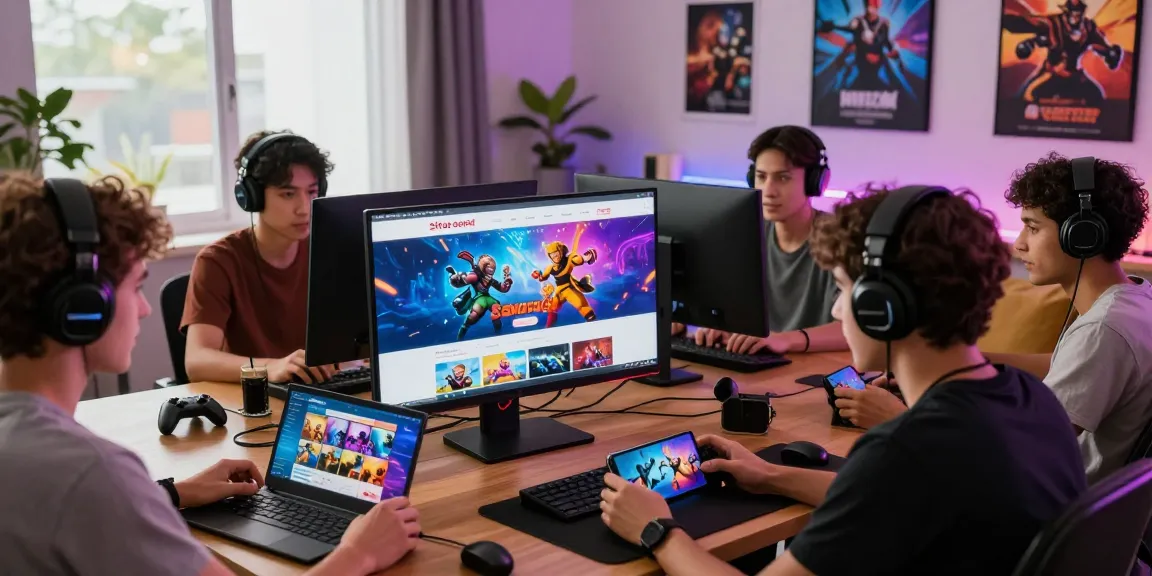 Situs sawo4d gaming scene with diverse players using devices in a vibrant living room.