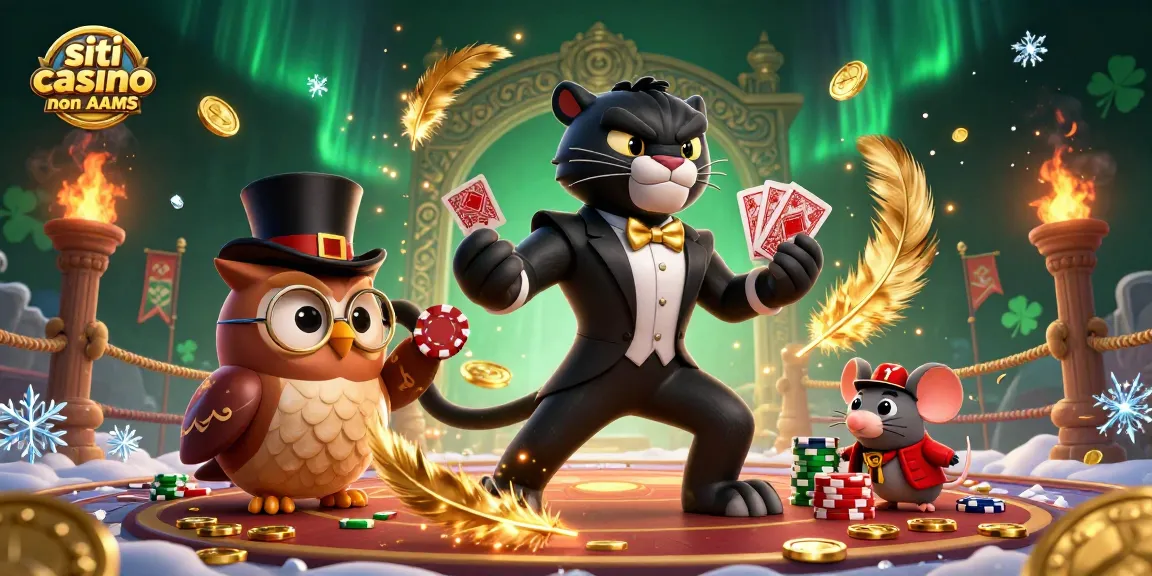 Illustrazione coinvolgente che mostra personaggi dei siti casino non AAMS coinvolti in giochi di carte con elementi dinamici di casinò