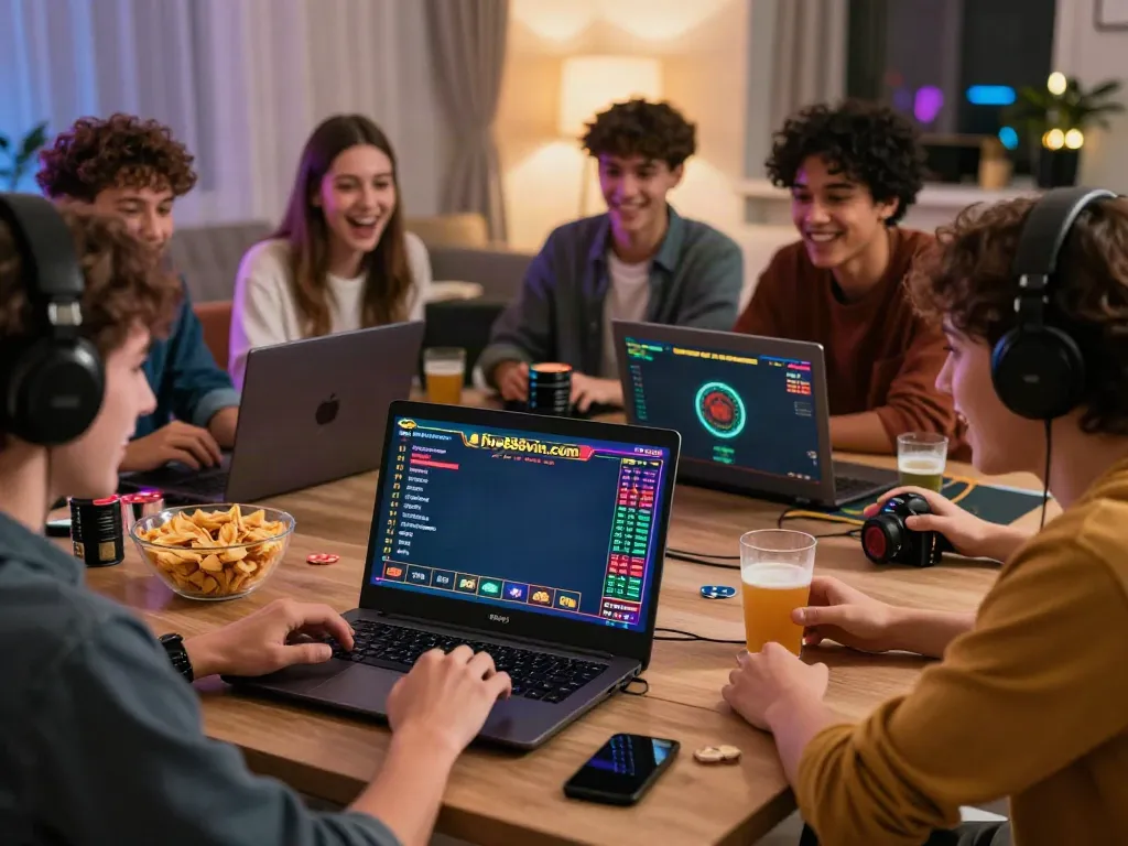 Friends enjoying online gaming with https://five888vin.com/ in a lively living room setting.