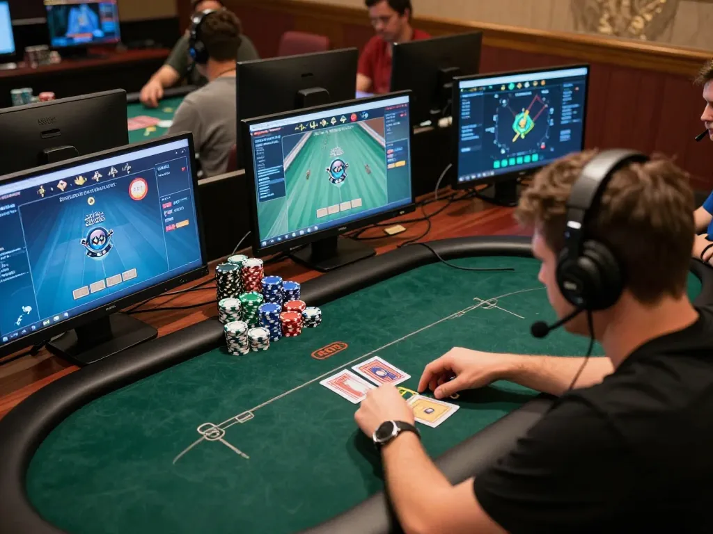RR88 online poker player engaged in gameplay with multiple screens and chips.
