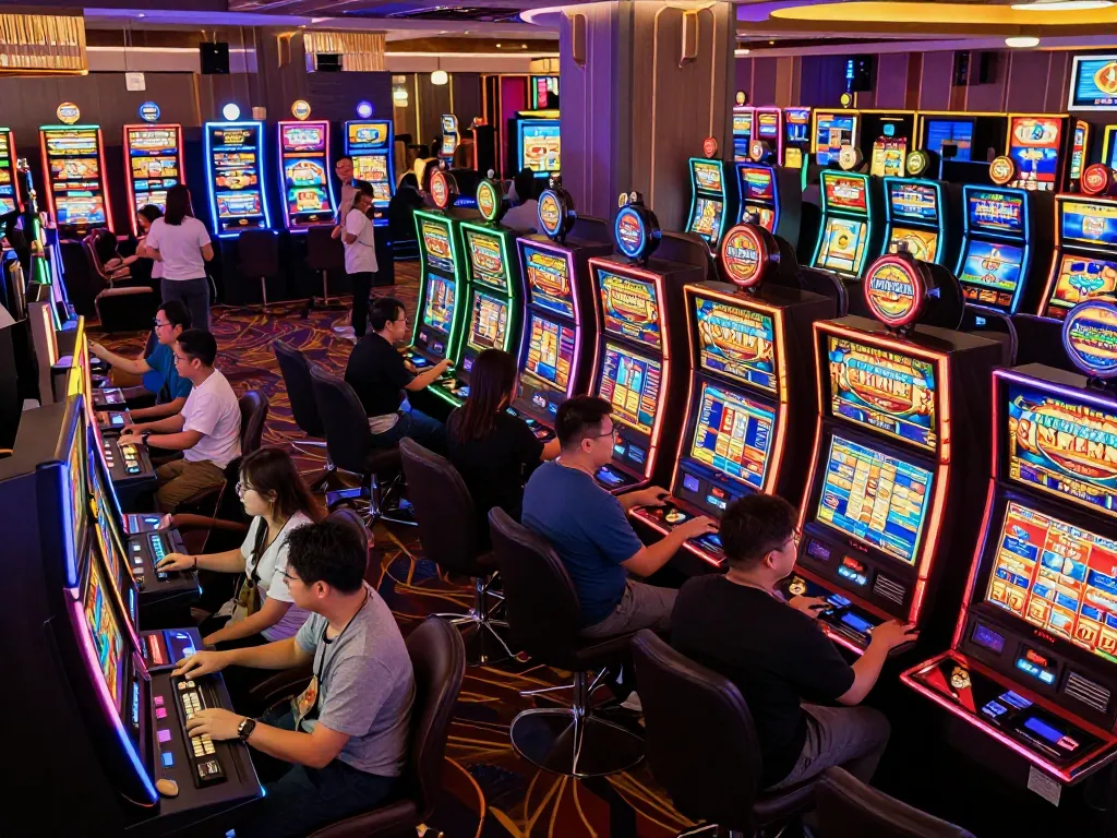 Players enjoying thrilling slot thailand games amidst vibrant neon lights in a lively casino environment.