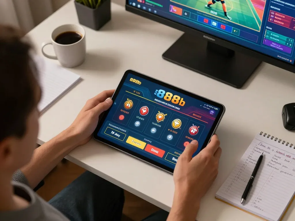 Person using the 888b casino app on a tablet, analyzing bets in a cozy home setting.