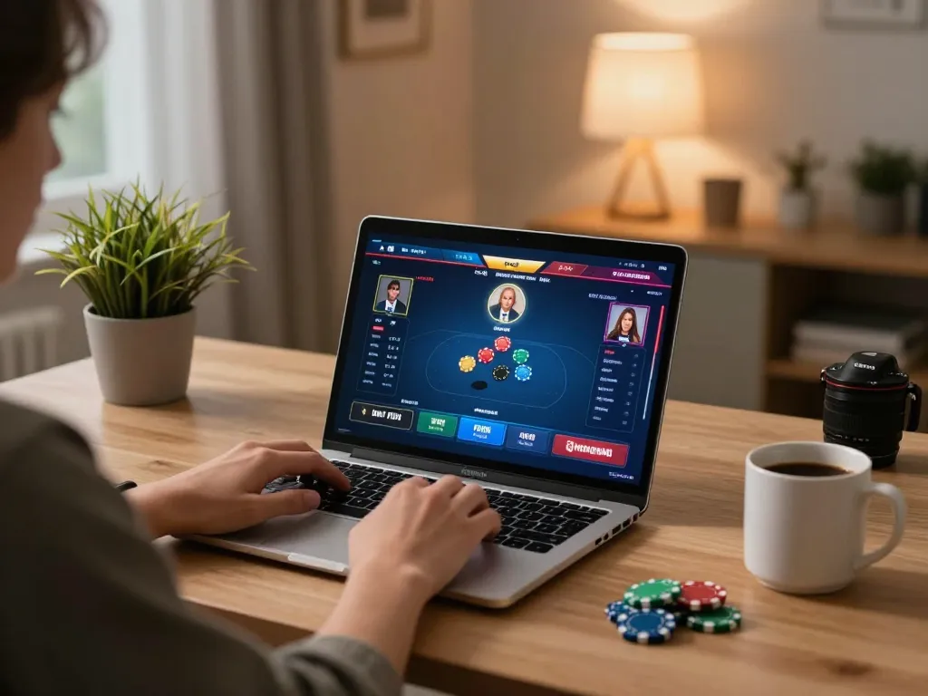Engaging in online poker gaming with หนังใหม่ชนโรง on screen, showcasing a modern cozy setup.