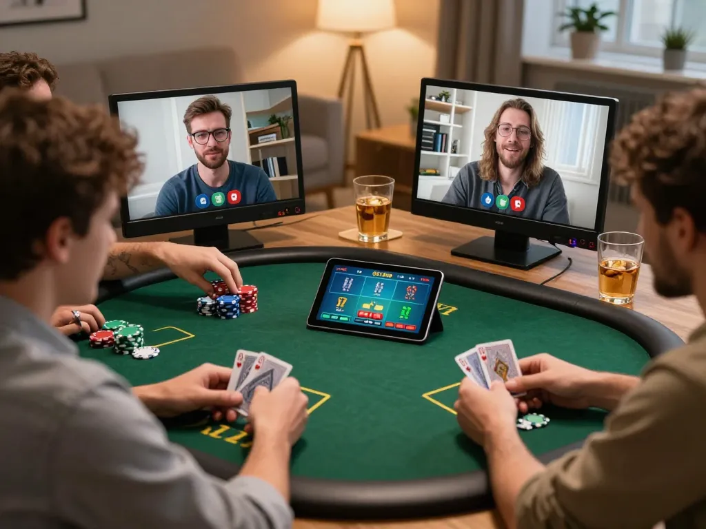 Engaged players enjoying situs gacor poker night via video call, highlighting friendly competition and strategic betting.