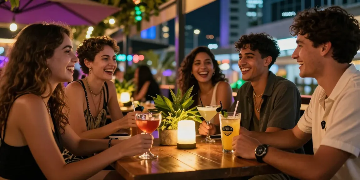 Friends enjoying vibrant outdoor bar scene with rokok88 super drinks in stylish glasses