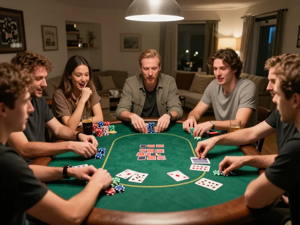 Penggemar situs togel bermain poker di rumah dengan chip yang berwarna-warni dan atmosfer permainan yang menarik
