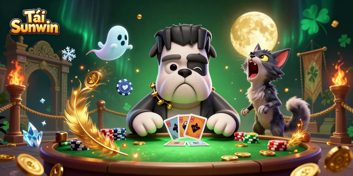 Tải Sunwin as a thrilling scene where a Frankenstein bulldog deals cards, enhancing excitement in a casino game.