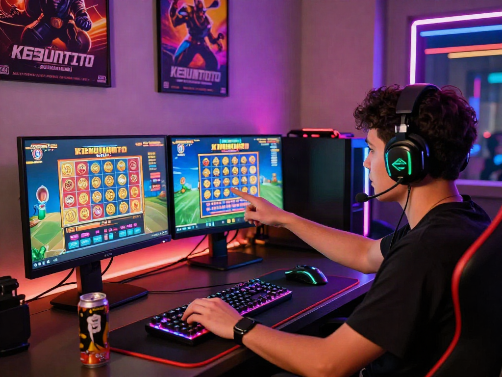 Engaging kebuntoto online gaming scene with a player engrossed in lottery games and vibrant gaming setup.
