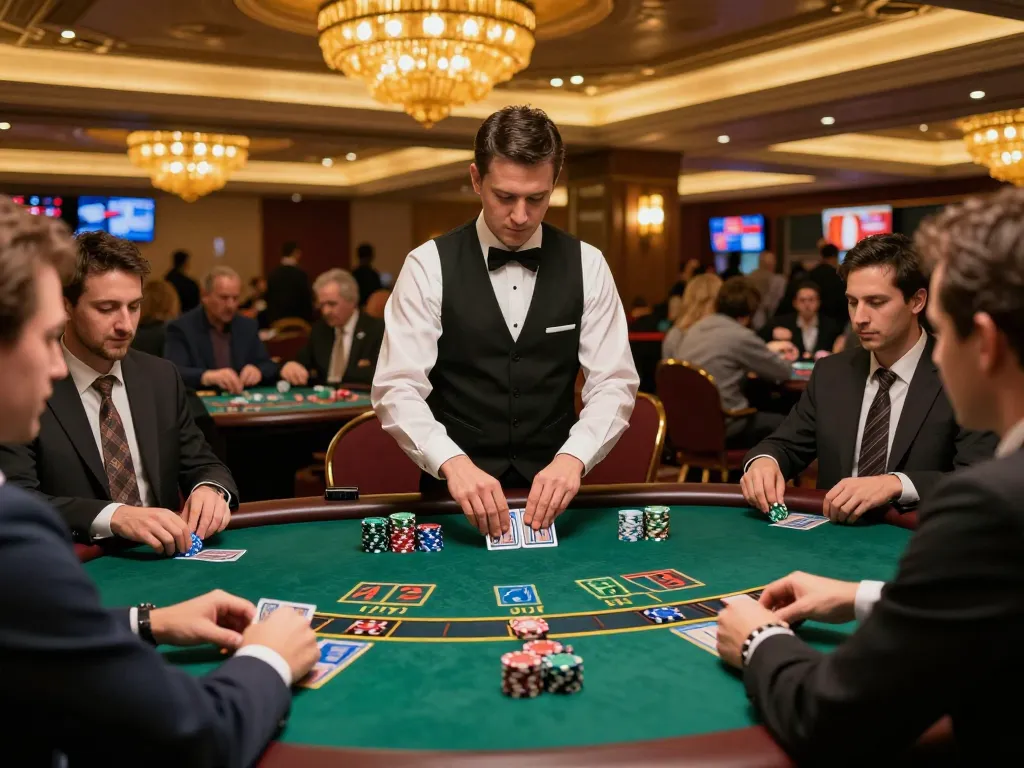 Engaged players at a blackjack table with the dealer using nano banana 3 for enhanced gameplay.