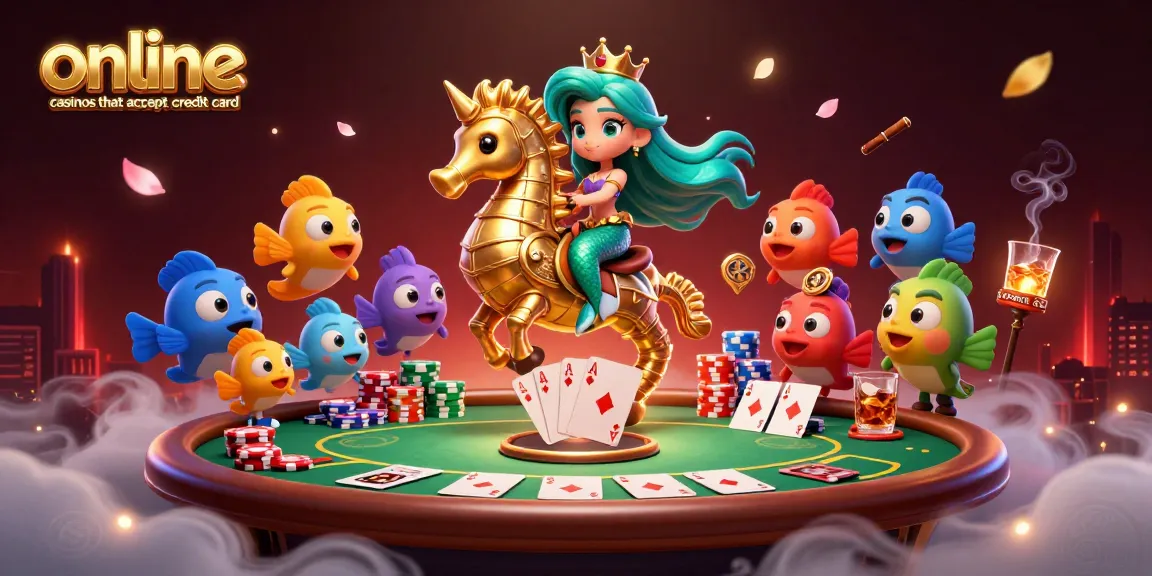 Gamble at online casinos that accept credit card, featuring vibrant mermaid and poker elements.