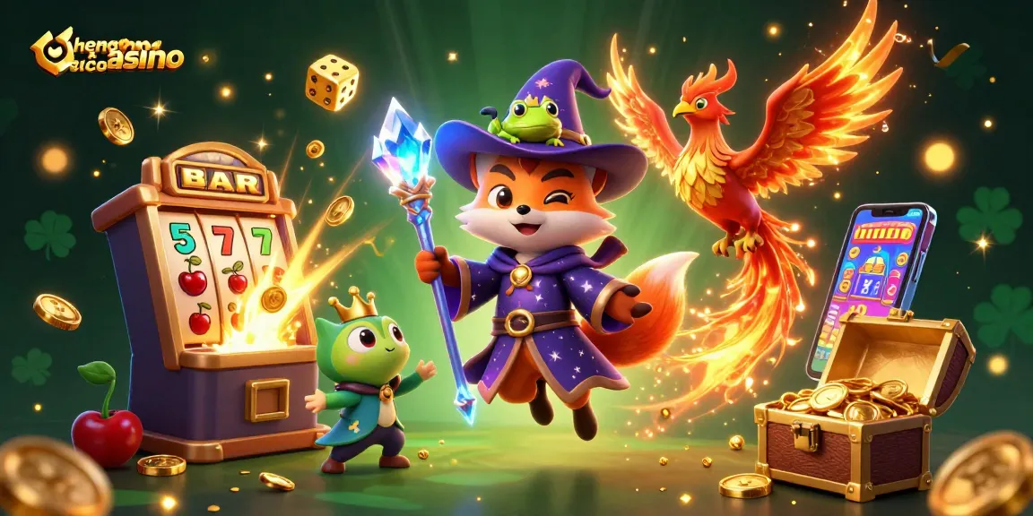 Experience excitement at hengongbetcasino with a magical scene showcasing a wizard fox, phoenix, and dynamic casino elements.