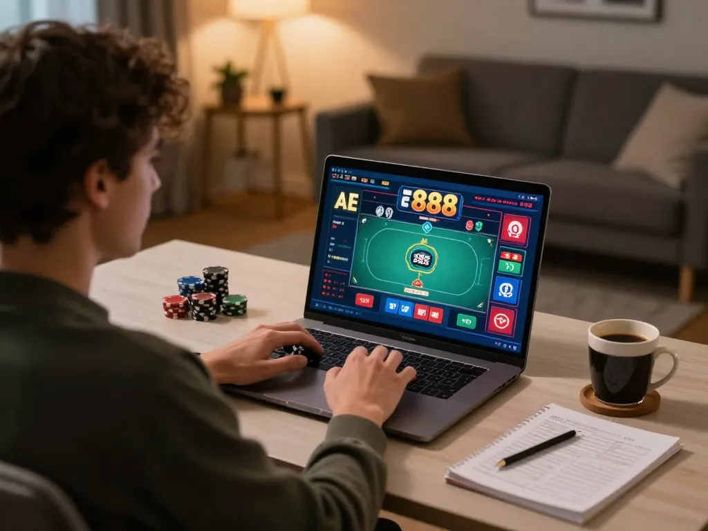 Engaging in AE 888 online poker strategy with vibrant gameplay on laptop screen.