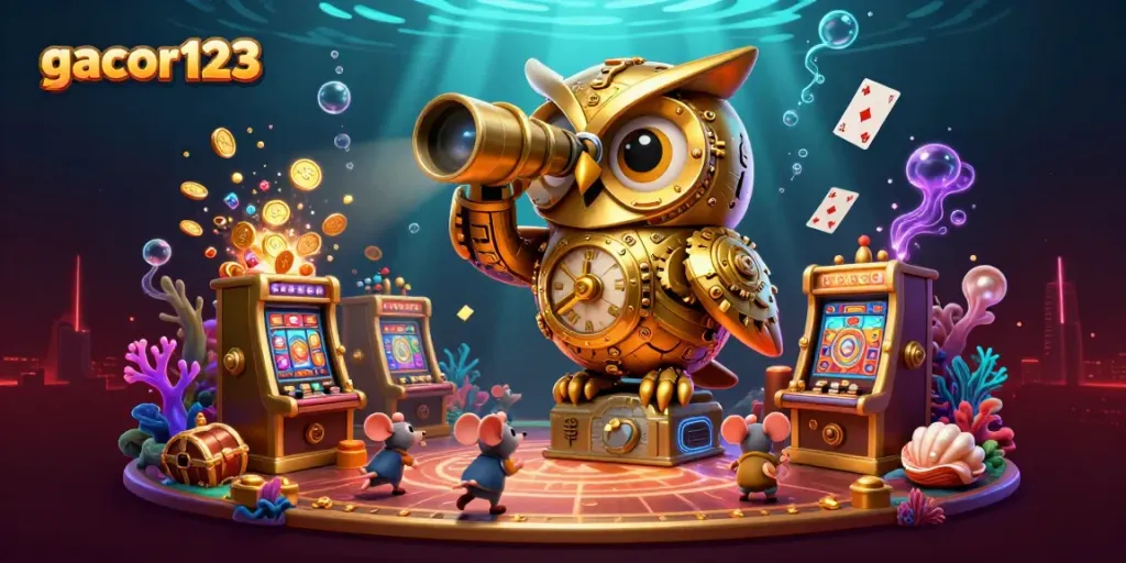 Engage with gacor123, where a golden owl surveys a vibrant casino scene filled with animated characters and dynamic game elements.