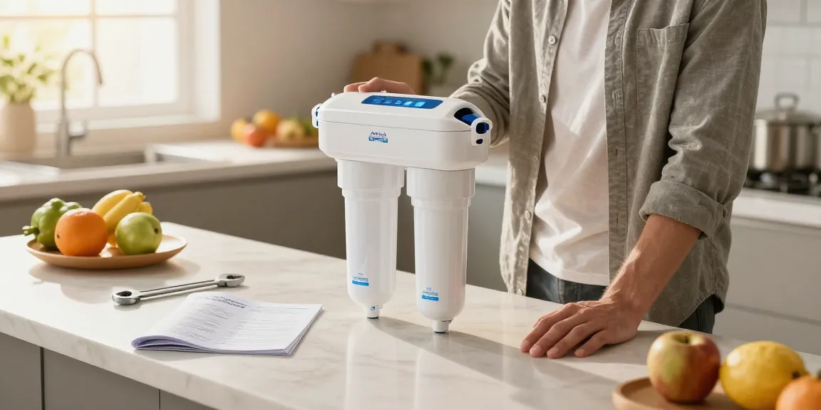 AQUA CREST EDR1RXD1 Replacement for W10295370A in a bright kitchen setting, showing a person engaging with the filter.