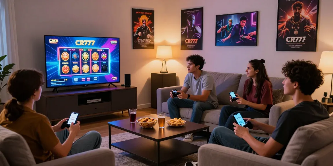 Menampilkan suasana bermain game slot CR777 di ruang tamu yang nyaman dengan teman-teman.