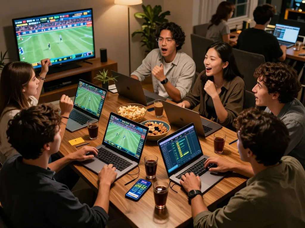Engaging friends enjoying sports betting at home using TG88 betting apps, lively atmosphere.