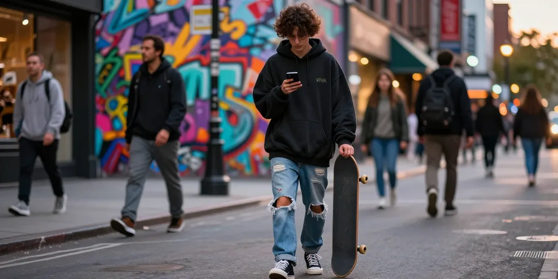 Youth in streetwear checking smartphone on bustling city street at https://shs-dome5.com/ showcasing vibrant urban fashion.