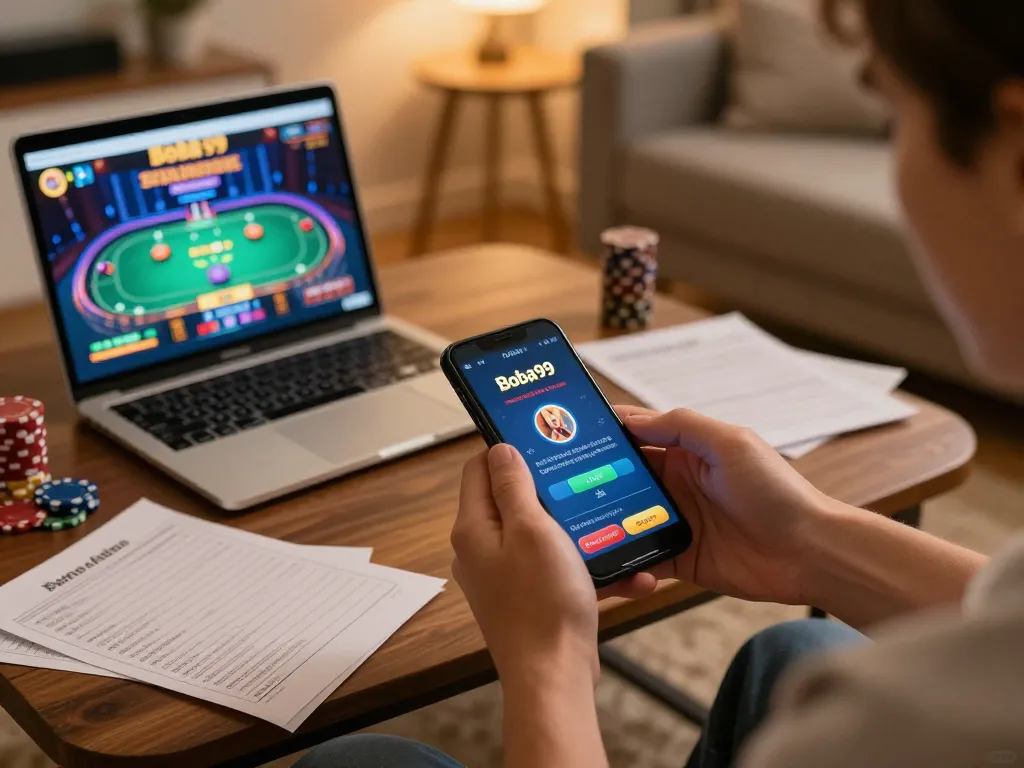 Berinteraksi dengan aplikasi kasino Boba99 di smartphone dalam pengaturan rumah yang nyaman