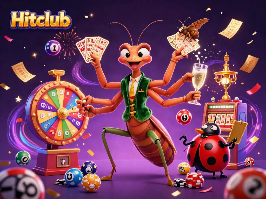 Hitclub's dynamic scene with a praying mantis card sharp and ladybug pit boss, filled with lottery elements.
