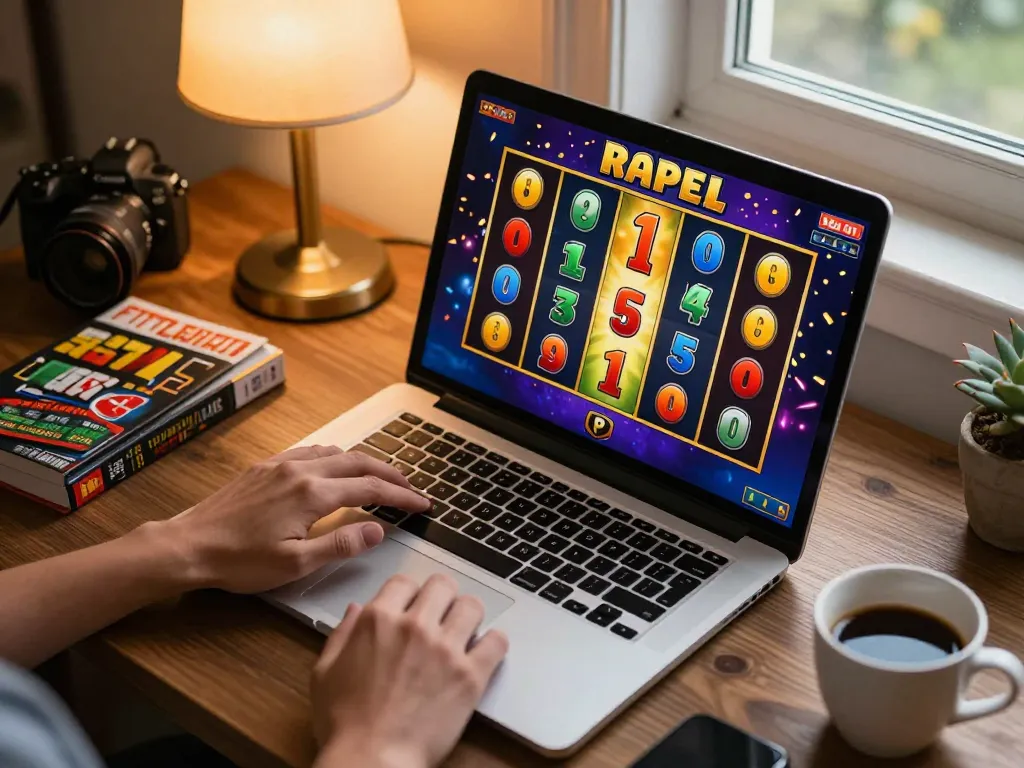 Engaging gameplay of judi slot on a laptop screen as the player spins for wins at home.