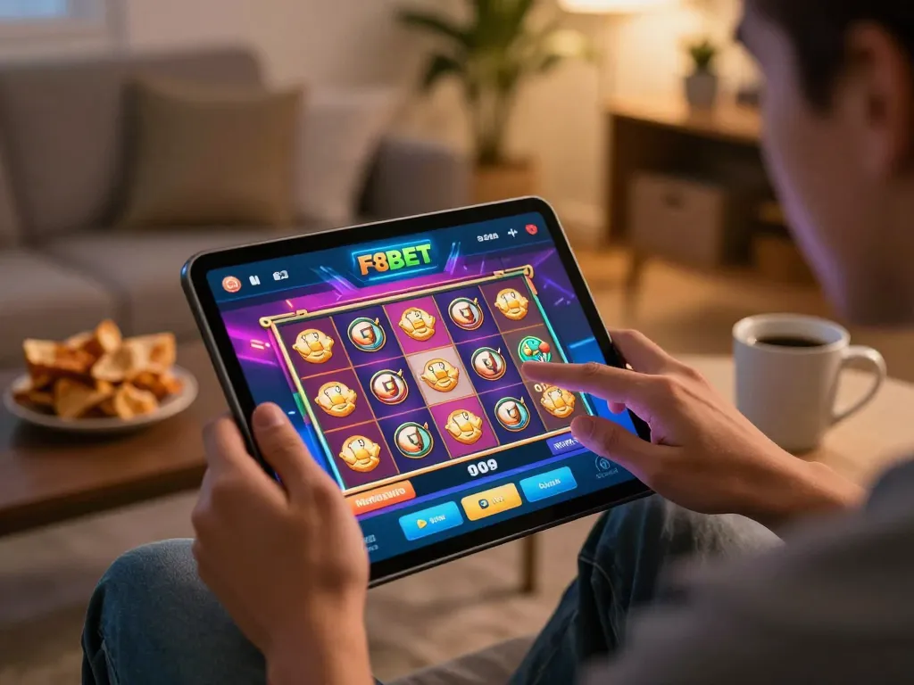 Player enjoying F8beta2 slot game on a tablet in a cozy home environment
