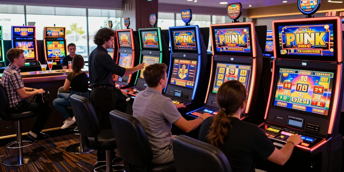 Exciting bonus buy slots scene at https://aboutderbyshire.co.uk with players engaging around vibrant slot machines.