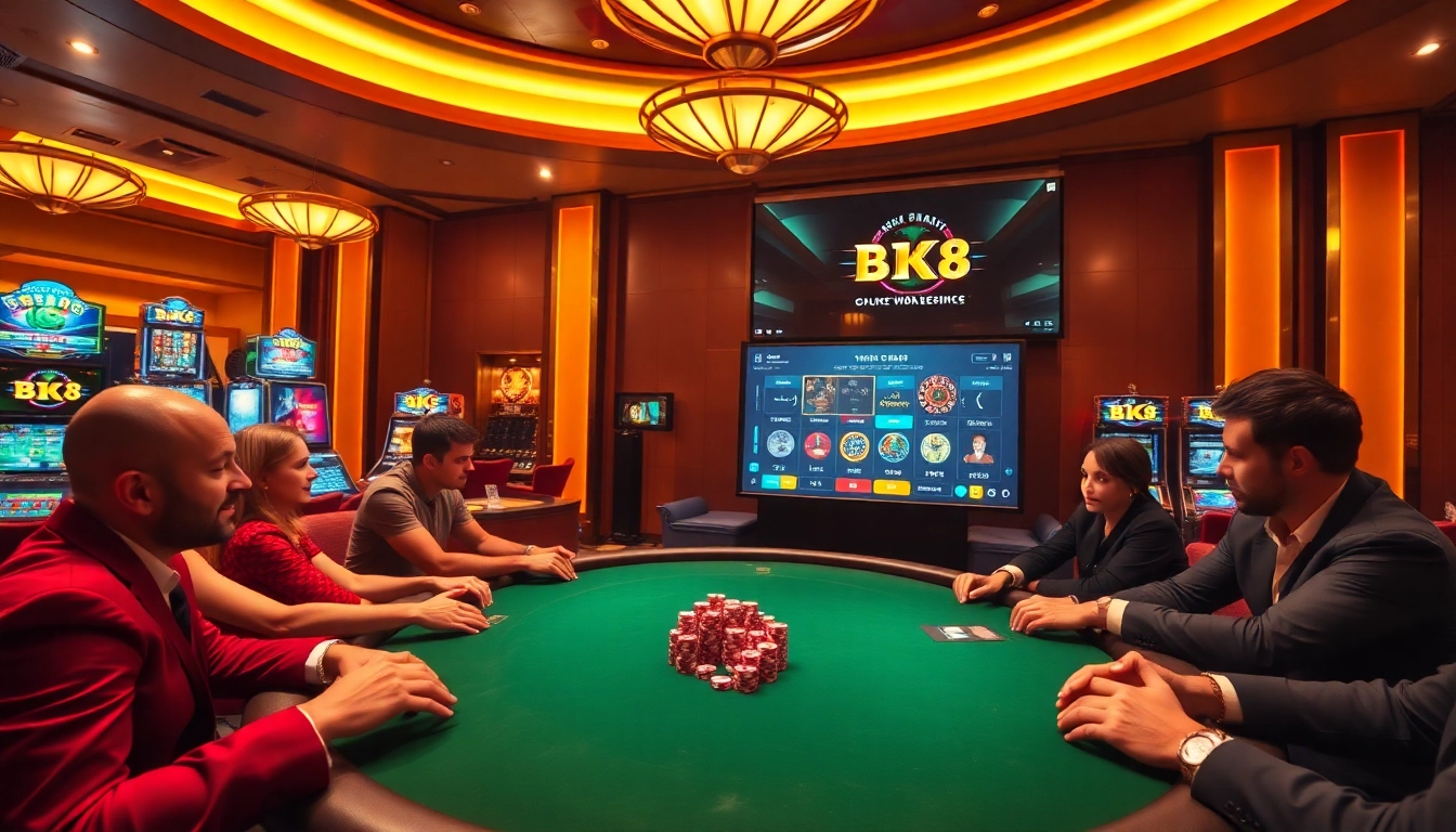 Experience the thrill of playing at BK8 Casino, featuring vibrant gaming tables and a luxurious atmosphere.