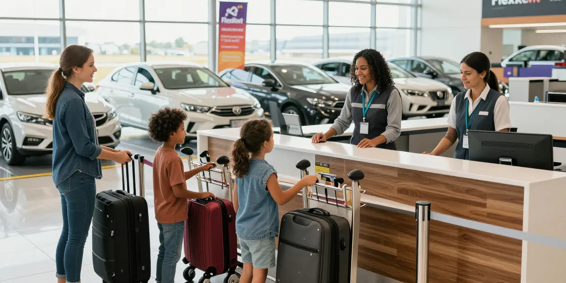 FlexRent car rental service at the airport with happy family checking in.