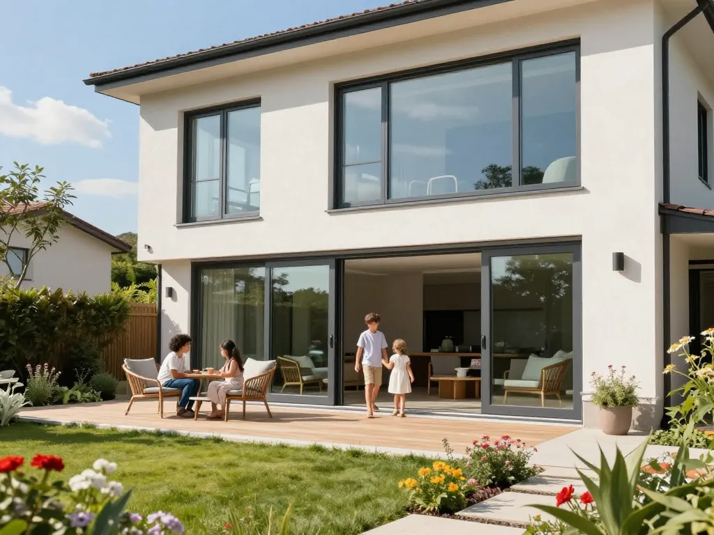 Familie, die im Freien in einem modernen Zuhause mit Fenster Schüco Fenstern und Türen aktiv ist.