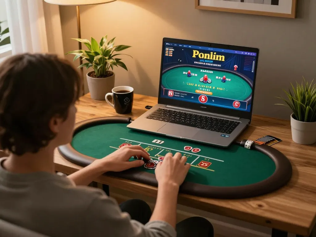 Player enjoying SC88 online casino gaming on laptop, depicting cozy home environment and strategic engagement