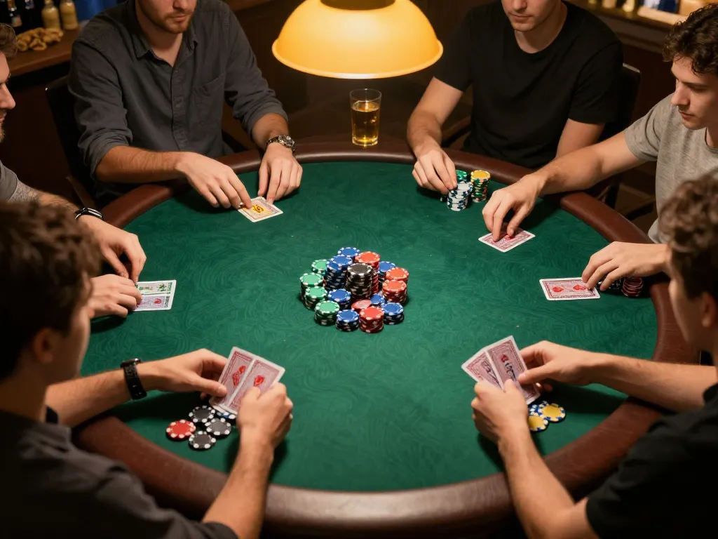 SUNWIN poker night scene with friends engaged in gameplay, chips and cards visible, warm lighting atmosphere.
