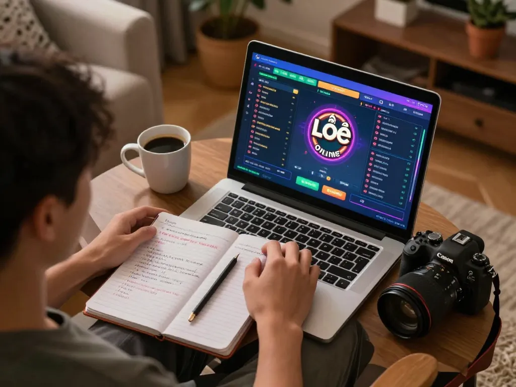 Lô đề online gameplay on a laptop at home with strategic betting notes and cozy atmosphere.