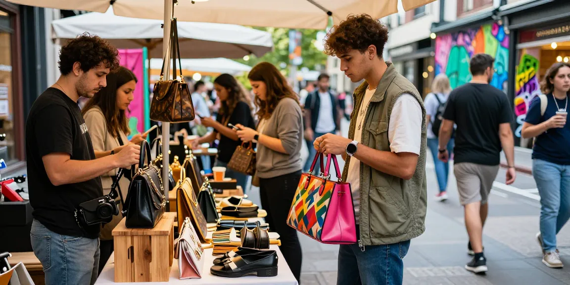 Shopping for high-quality 레플리카 사이트 handbags in a vibrant street market.