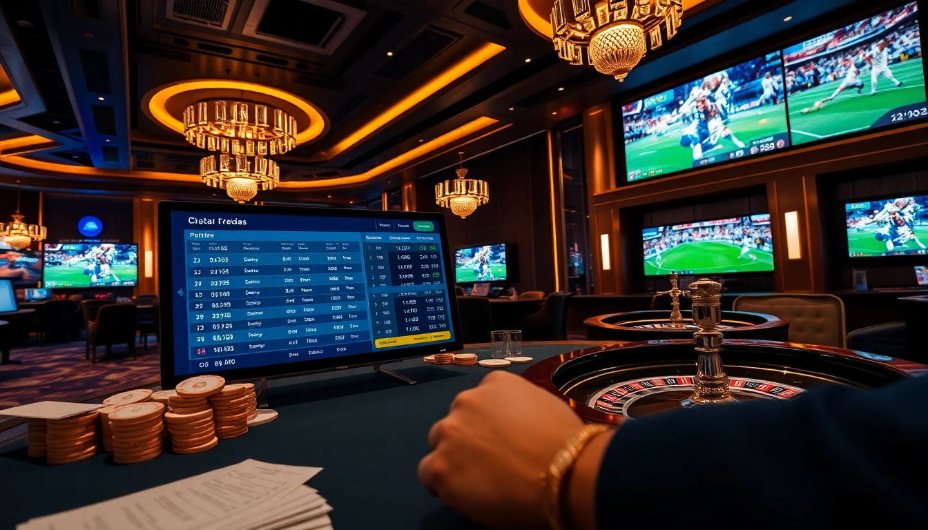 A thrilling scene featuring kèo bóng đá betting slips, poker chips, and casino elements reflecting high-stakes gambling.