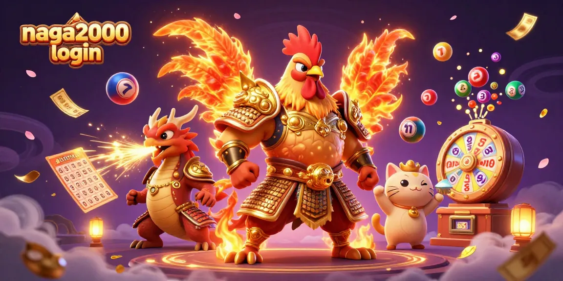 Gambaran menakjubkan tentang naga2000 login dengan elemen keberuntungan, termasuk bola lotere dan kucing keberuntungan.