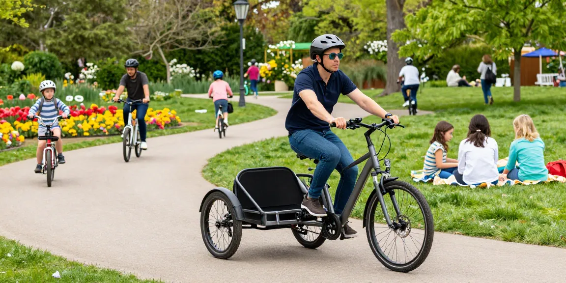 Adults enjoying the benefits of electric tricycles in a sunny park setting.