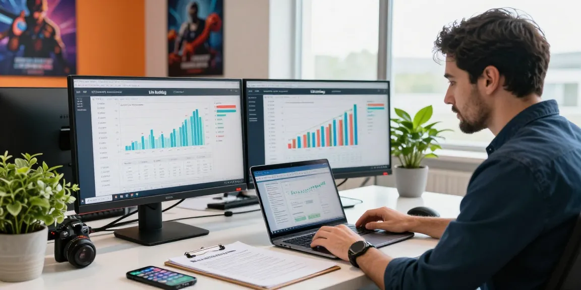 Marketing expert analyzing igaming link building packages on dual monitors in a vibrant office.