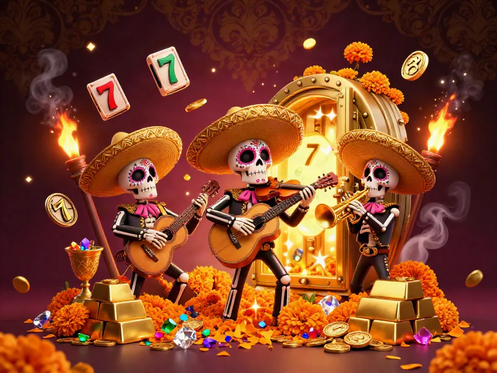 Menang di slot dengan band mariachi tengkorak penuh warna, ditampilkan dengan efek kilau emas dan batu permata.